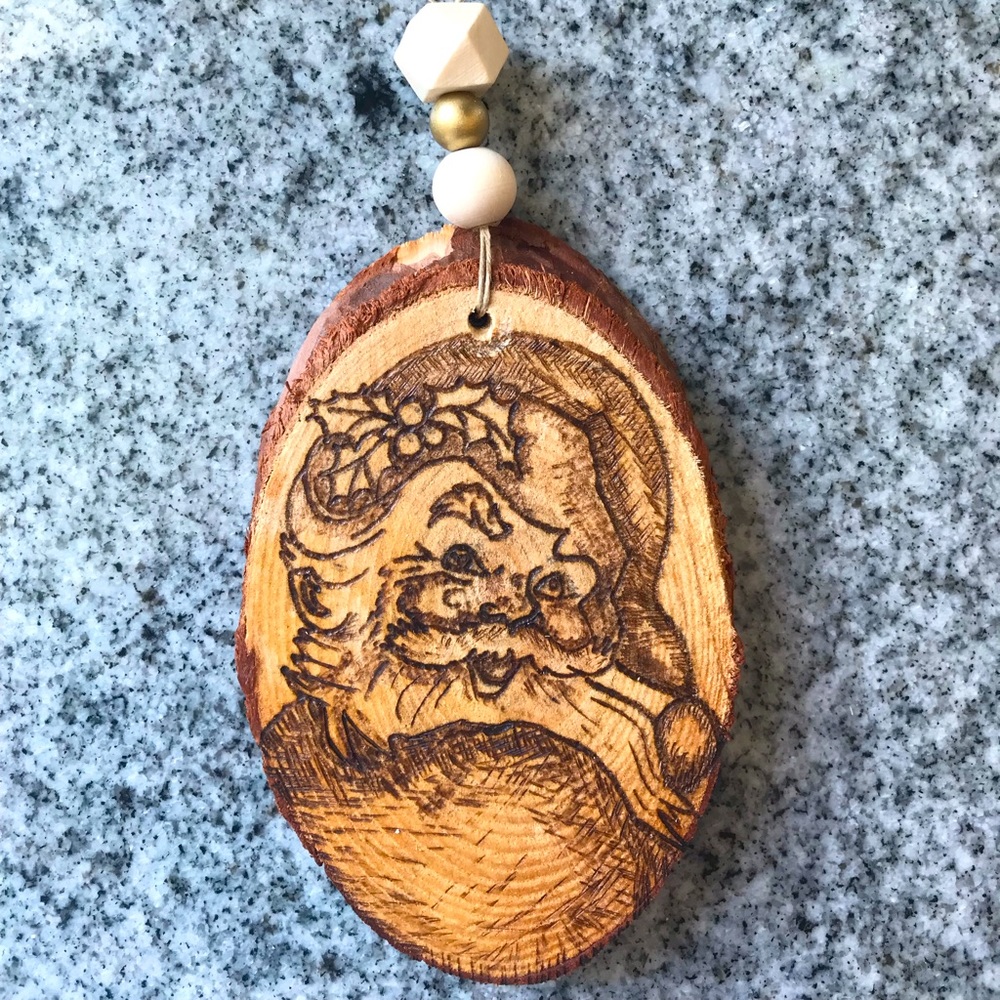 Hand crafted wood burnt vintage Santa ornament